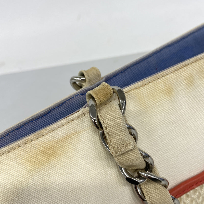 【6ib1675】シャネル チェーントート NO.5 キャンバス ホワイト ブルー シルバー金具【中古】レディース