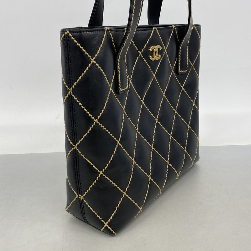 【6ib1801】シャネル ハンドバッグ ワイルドステッチ レザー ブラック ゴールド金具【中古】レディース