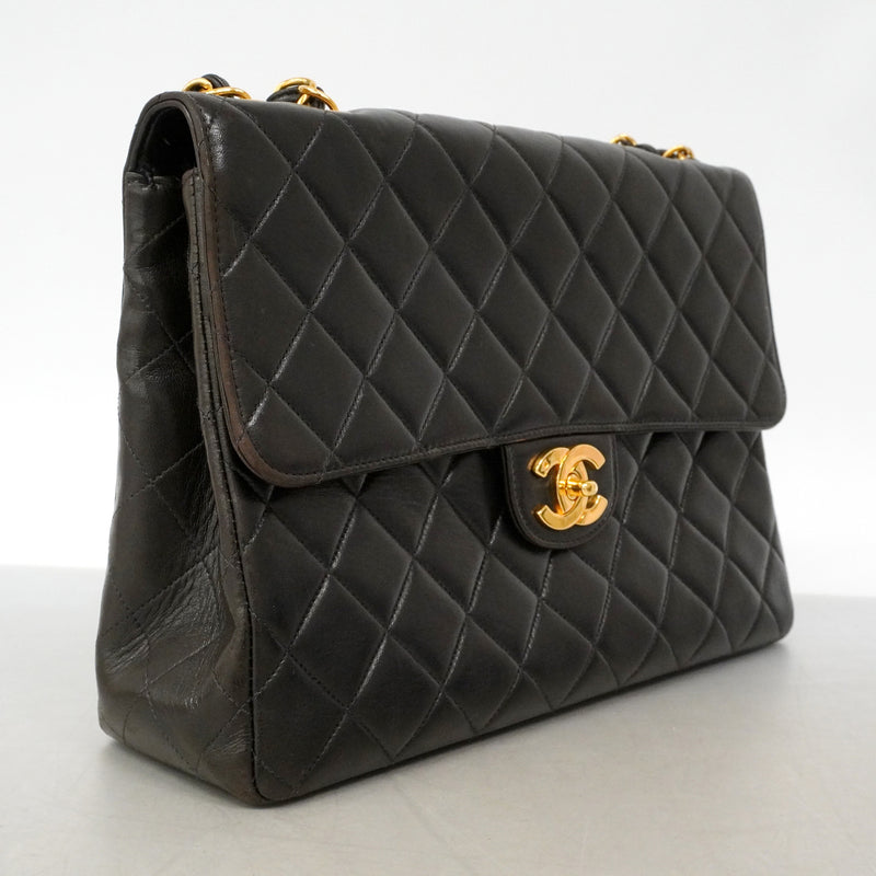 【6ib1822】シャネル ショルダーバッグ デカマトラッセ Wチェーン ラムスキン ブラック ゴールド金具【中古】レディース