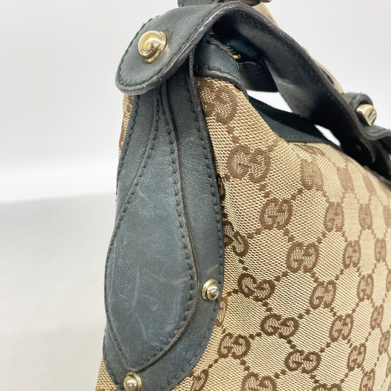 【6ib1881】グッチ ショルダーバッグ GGキャンバス ホースビット 146249 キャンバス ブラウン グリーン ゴールド金具【中古】レディース