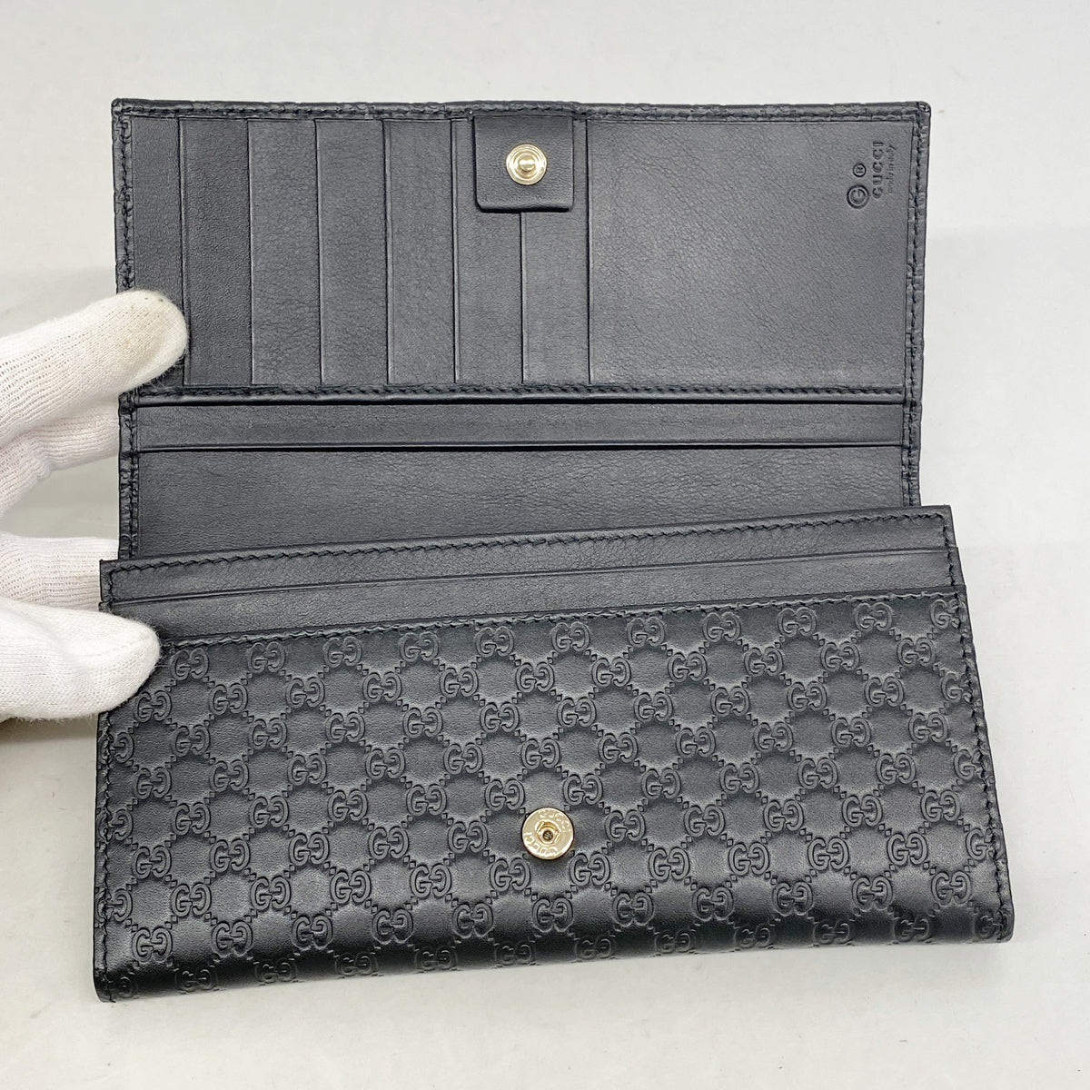 【6ib1944】グッチ 長財布 マイクログッチシマ 449396 レザー ブラック シャンパンゴールド金具【中古】レディース
