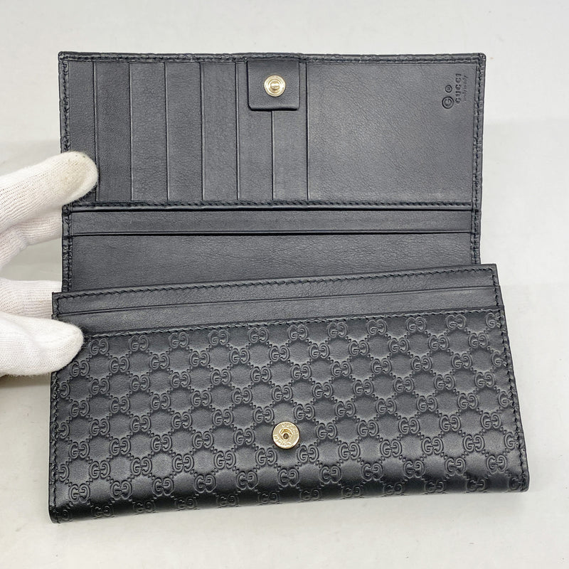 【6ib1944】グッチ 長財布 マイクログッチシマ 449396 レザー ブラック シャンパンゴールド金具【中古】レディース
