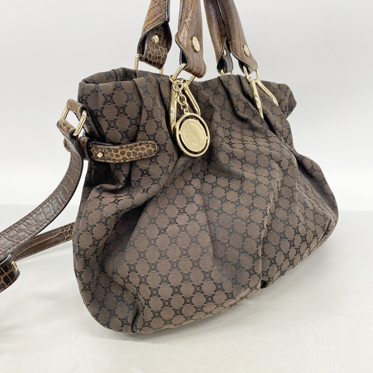 【6ib1955】セリーヌ ハンドバッグ マカダム ナイロンキャンバス ブラウン シャンパンゴールド金具 2wayバッグ【中古】レディース