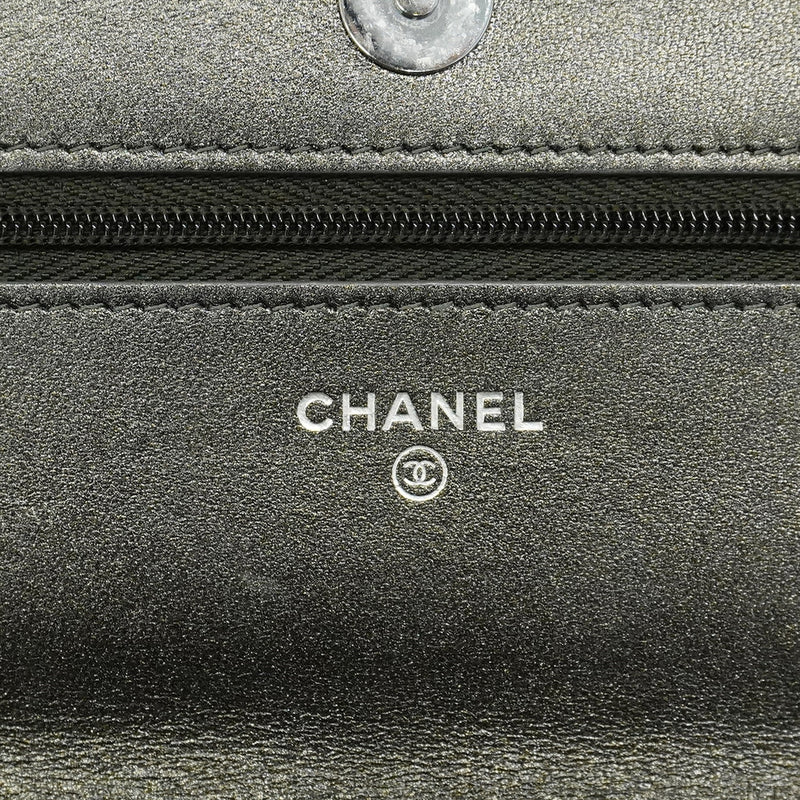 【6ib2052】シャネル ショルダーウォレット マトラッセ チェーンショルダー ラムスキン グレー シルバー金具【中古】レディース