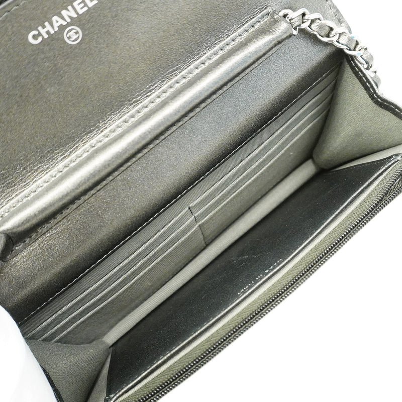 【6ib2052】シャネル ショルダーウォレット マトラッセ チェーンショルダー ラムスキン グレー シルバー金具【中古】レディース