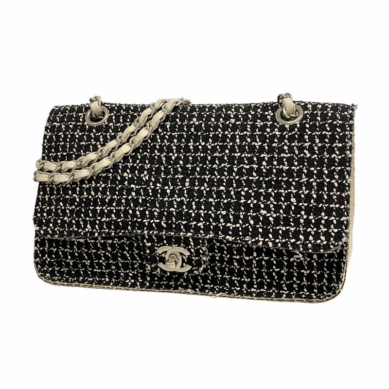 【6ib2157】シャネル ショルダーバッグ Wチェーン ツイード ブラック アイボリー シルバー金具【中古】レディース