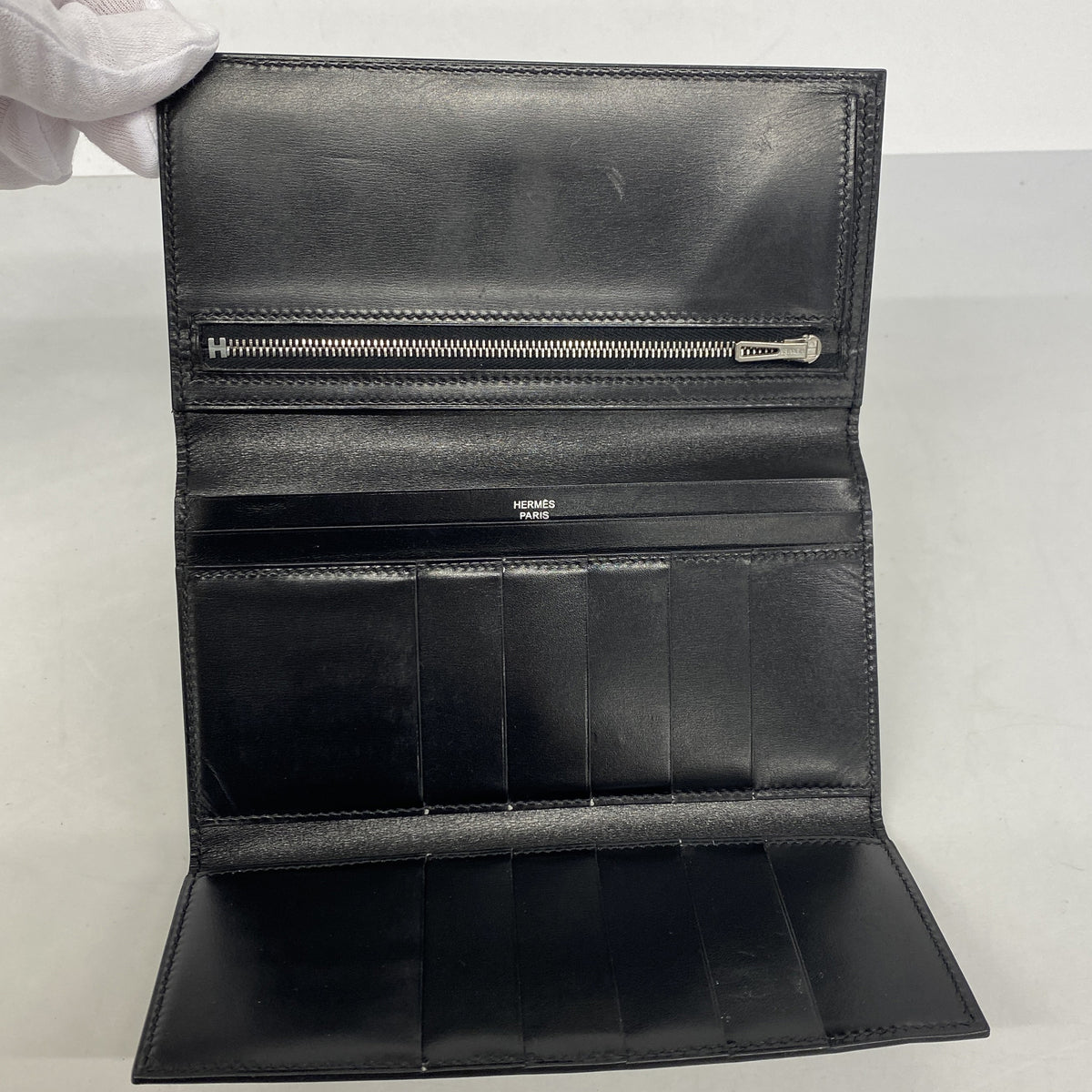 【6ib2221】エルメス 三つ折り長財布 ベアンデュプリ ボックスカーフ ブラック シルバー金具 □I刻印【中古】メンズ レディース ユニセックス