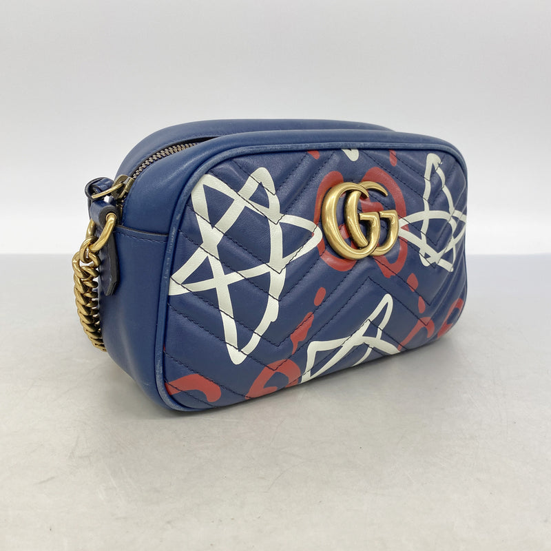 【6ib2264】グッチ ショルダーバッグ GGマーモント 447632 レザー ネイビー ゴールド金具【中古】レディース