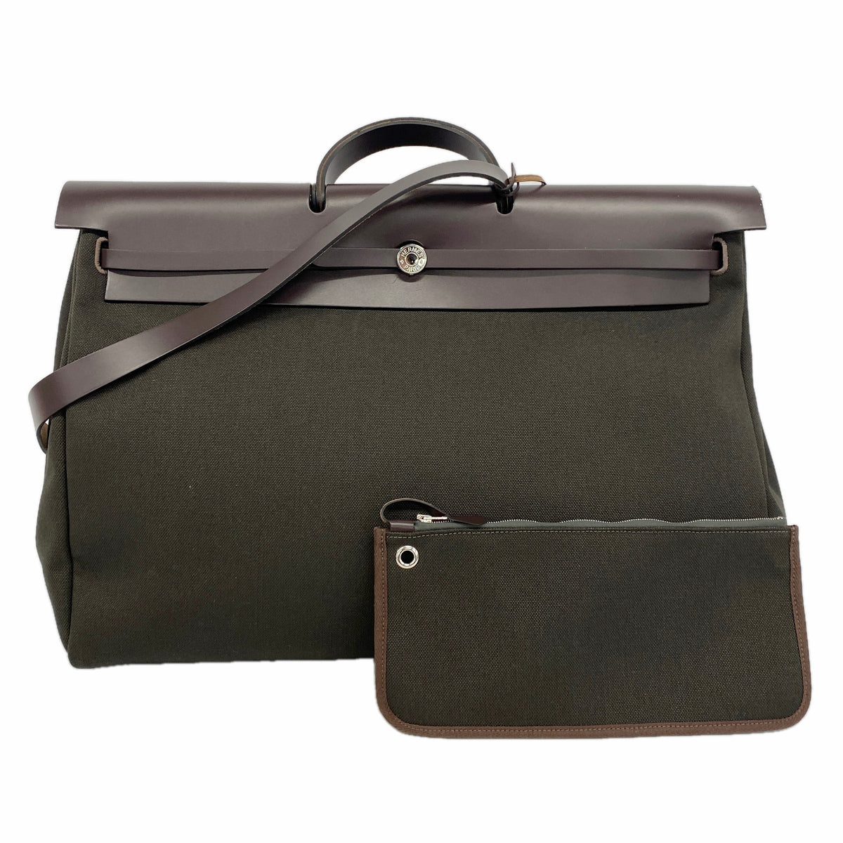 【6ib2327】エルメス ハンドバッグ エールバッグジップ50 トワルミリタリー ブラウン カーキ シルバー金具 W刻印【中古】メンズ レディース ユニセックス