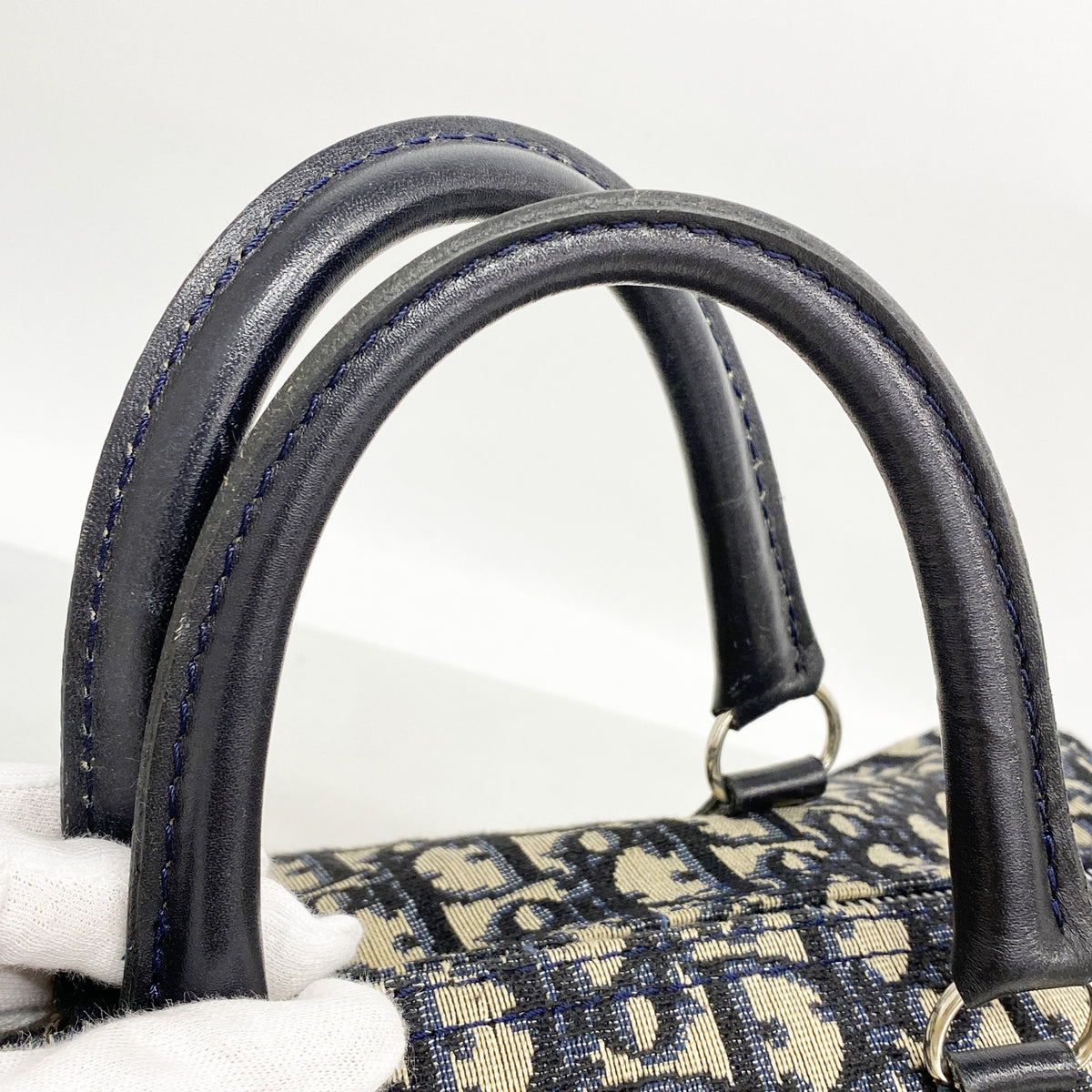 【6ib2360】クリスチャンディオール ハンドバッグ トロッター キャンバス ネイビー シルバー金具【中古】レディース