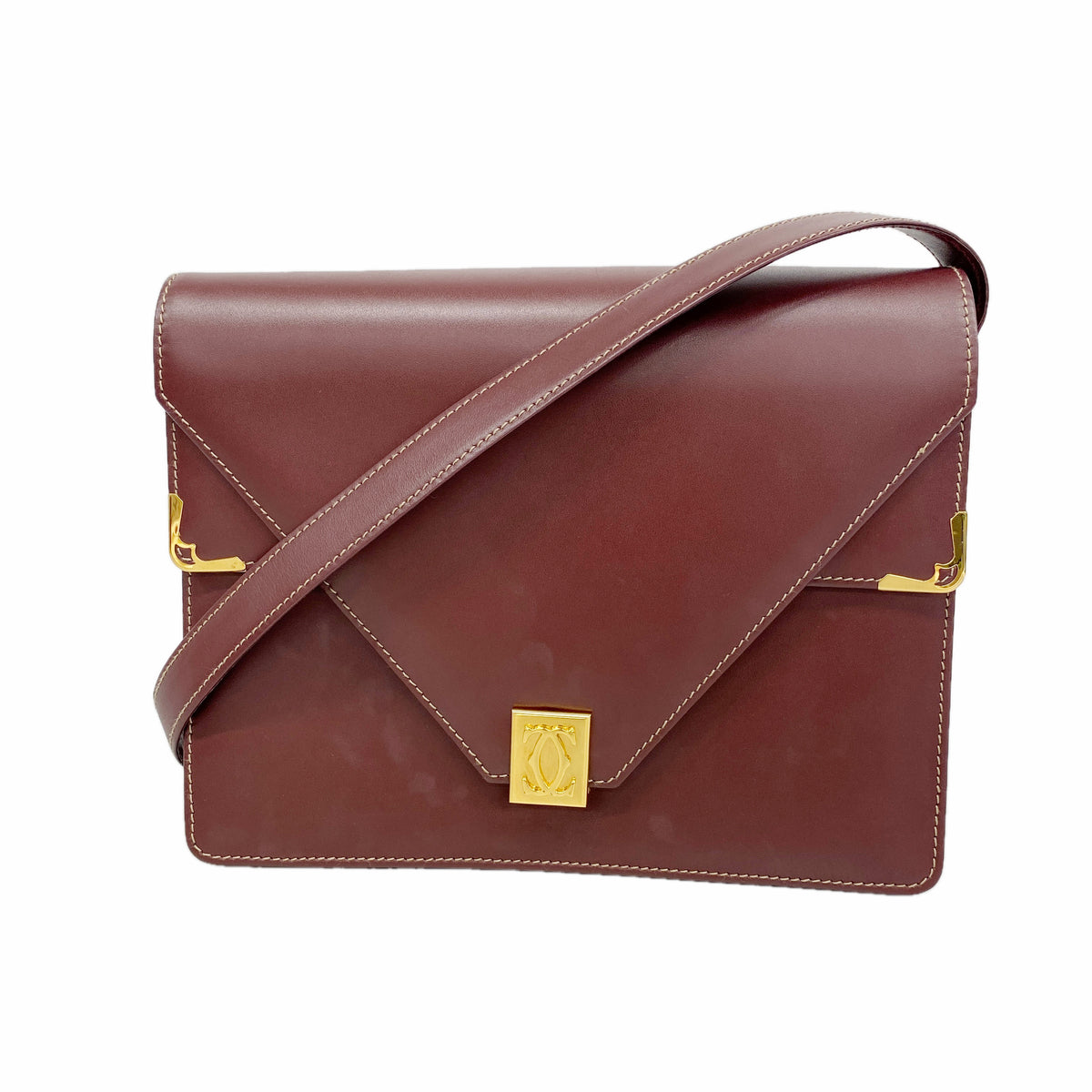 【6ib2436】カルティエ ショルダーバッグ マスト レザー ボルドー ゴールド金具【中古】レディース