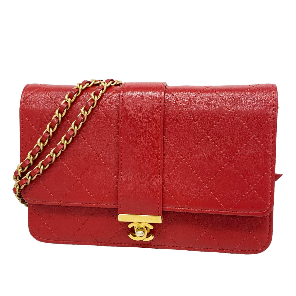 【6ib2608】シャネル ショルダーウォレット マトラッセ チェーンショルダー レザー レッド ゴールド金具【中古】レディース