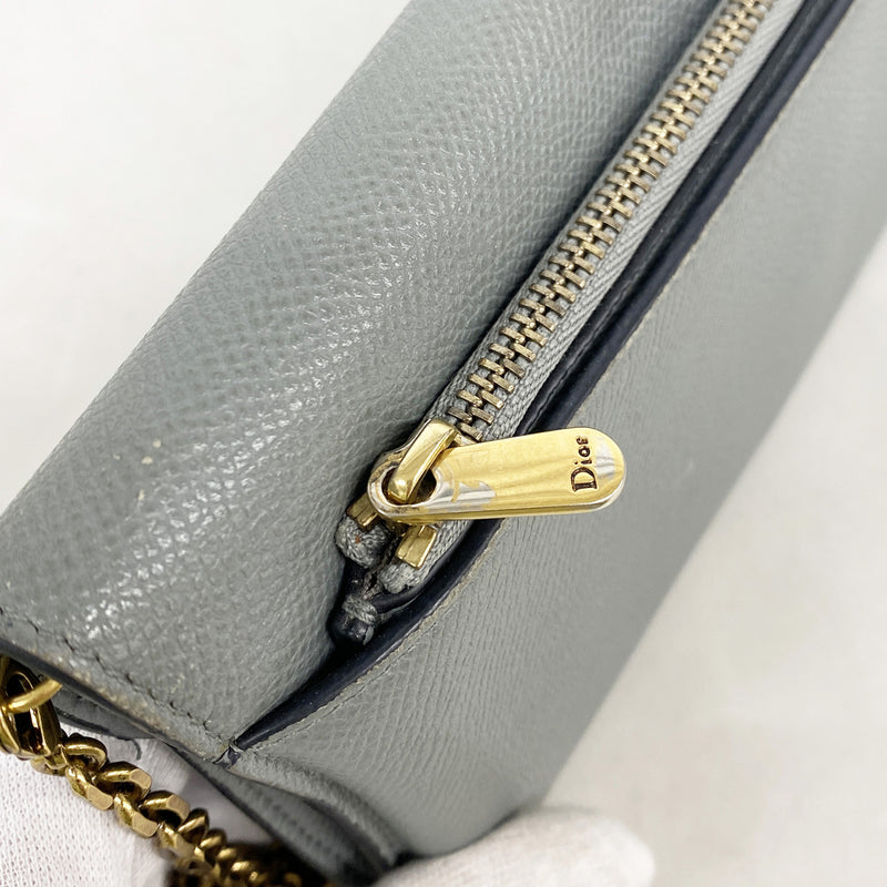 【6ib2609】クリスチャンディオール ショルダーウォレット サドル レザー グレー ゴールド金具【中古】レディース
