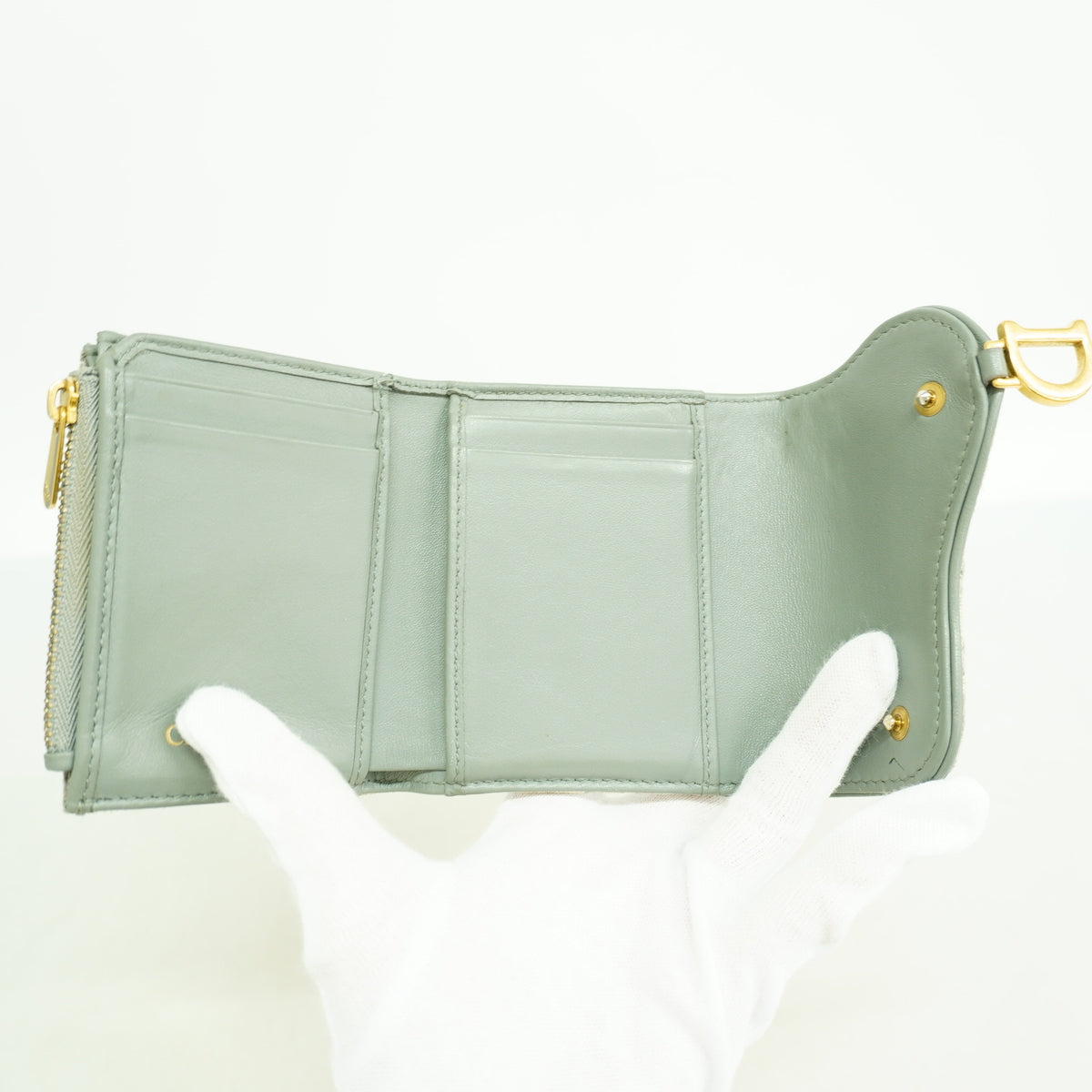 【6ib2651】クリスチャンディオール 三つ折り財布 サドル キャンバス ベージュ グレー ゴールド金具【中古】レディース