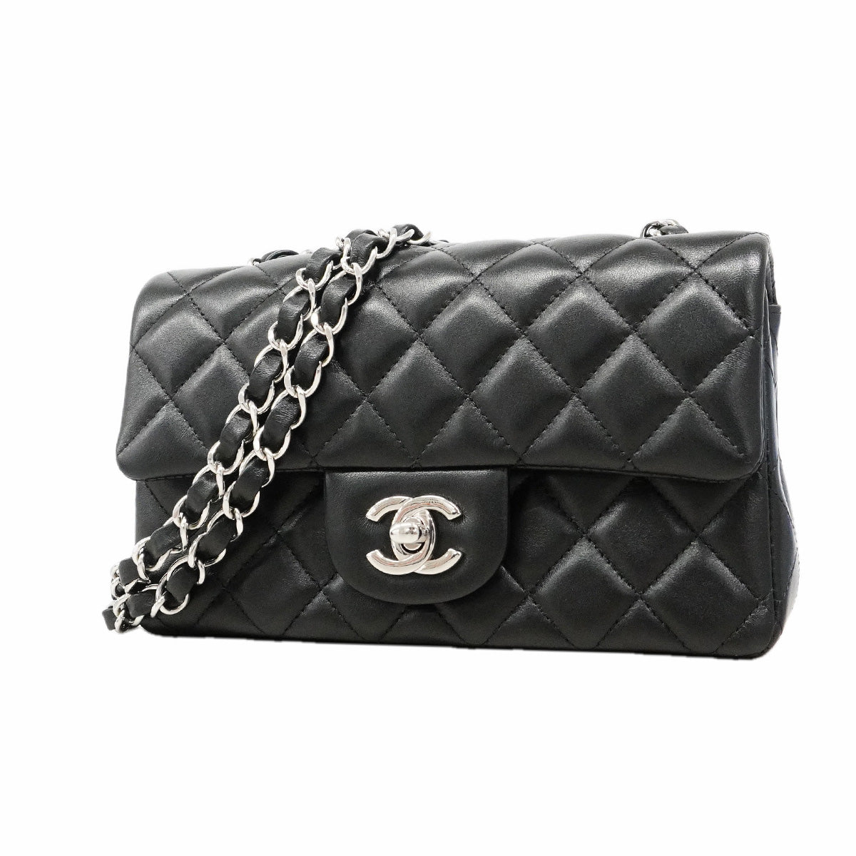 【6ib2673】シャネル ショルダーバッグ ミニマトラッセ チェーンショルダー ラムスキン ブラック シルバー金具【中古】レディース