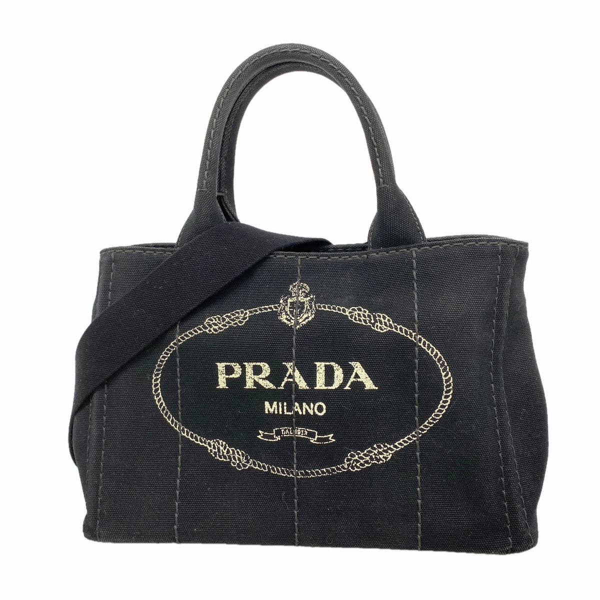 【6ib2755】プラダ ハンドバッグ カナパ キャンバス ブラック ゴールド金具 2wayバッグ【中古】レディース