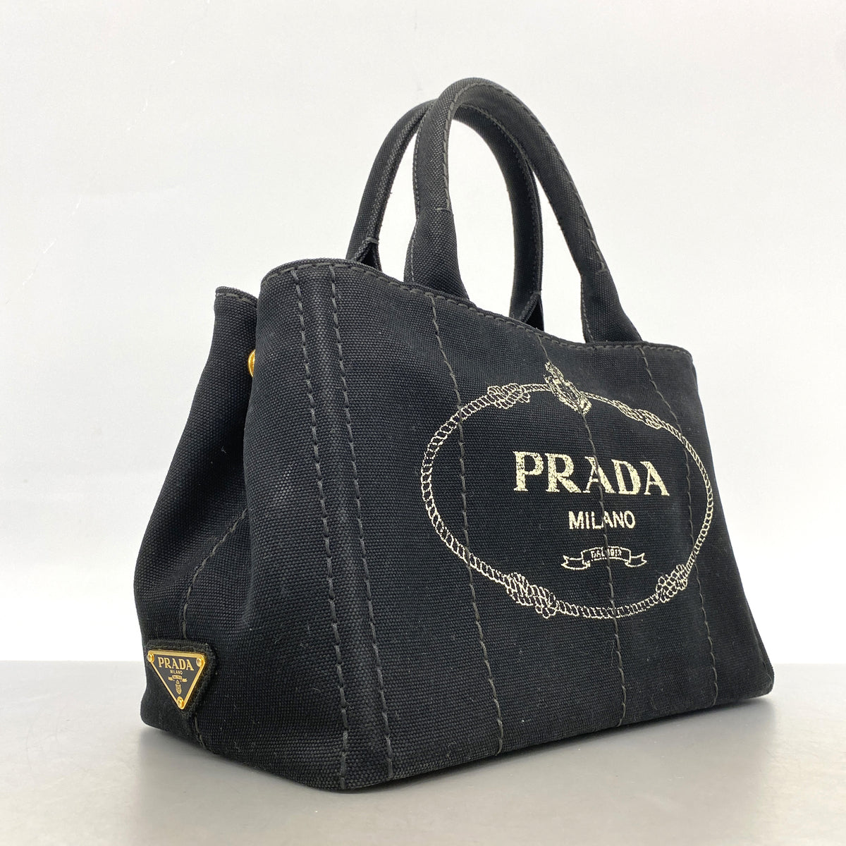 【6ib2755】プラダ ハンドバッグ カナパ キャンバス ブラック ゴールド金具 2wayバッグ【中古】レディース