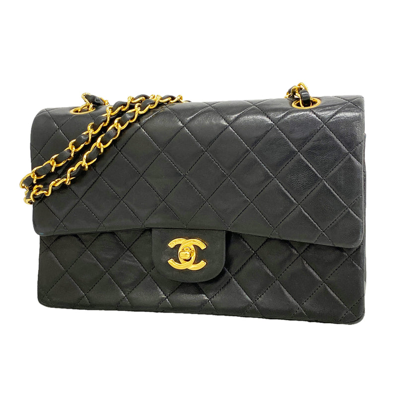 【6ib2783】シャネル ショルダーバッグ マトラッセ Wフラップ Wチェーン ラムスキン ブラック ゴールド金具【中古】レディース