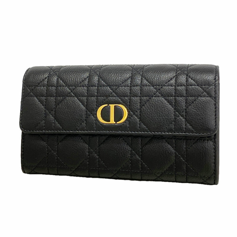 【6ib2872】クリスチャンディオール 長財布 カナージュ レザー ブラック ゴールド金具【中古】レディース