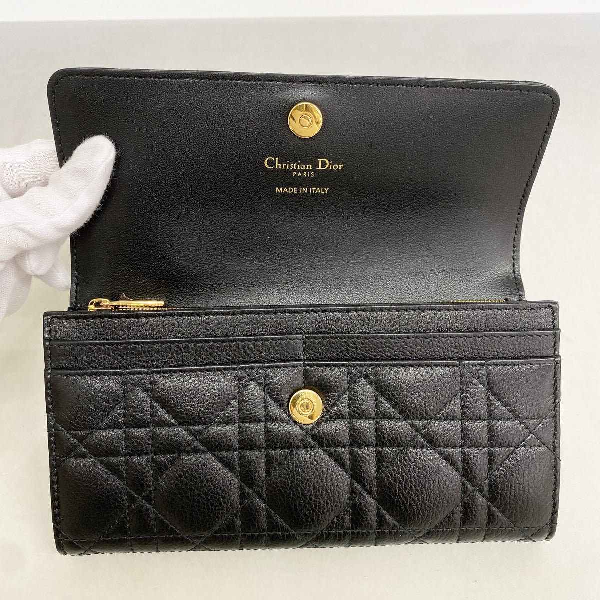【6ib2872】クリスチャンディオール 長財布 カナージュ レザー ブラック ゴールド金具【中古】レディース