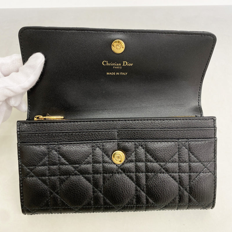 【6ib2872】クリスチャンディオール 長財布 カナージュ レザー ブラック ゴールド金具【中古】レディース