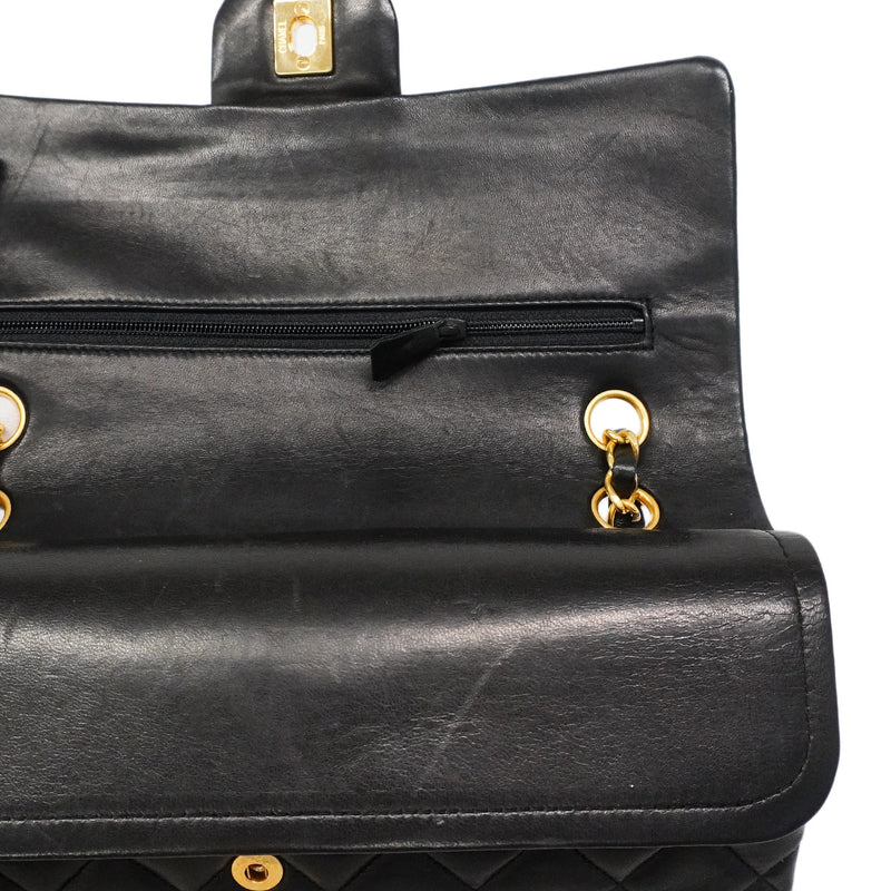 【6ib2994】シャネル ショルダーバッグ マトラッセ Wフラップ Wチェーン ラムスキン ブラック ゴールド金具【中古】レディース