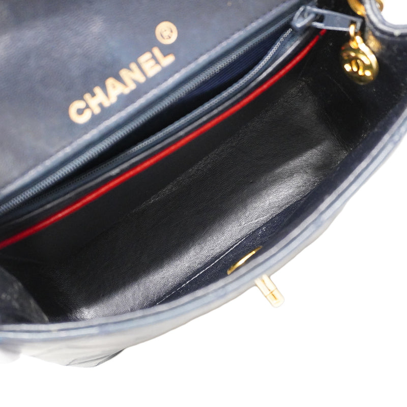 【6ic3008】シャネル ショルダーバッグ ミニマトラッセ チェーンショルダー ラムスキン ネイビー レッド ゴールド金具【中古】レディース