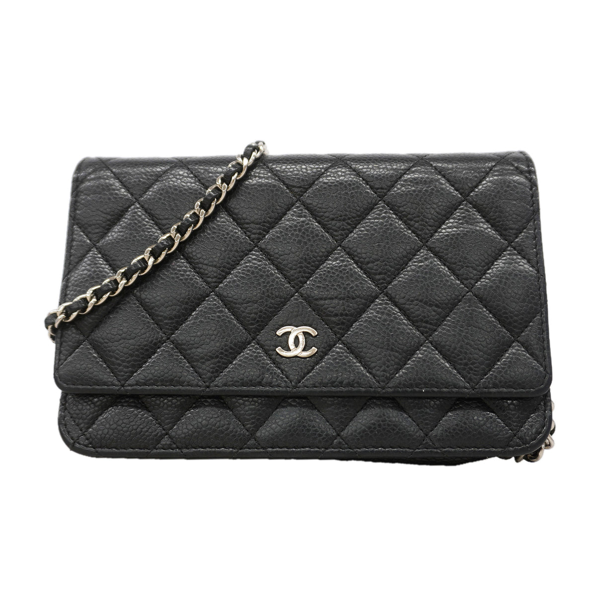 【6ic3289】シャネル ショルダーウォレット マトラッセ キャビアスキン ブラック シルバー金具【中古】レディース