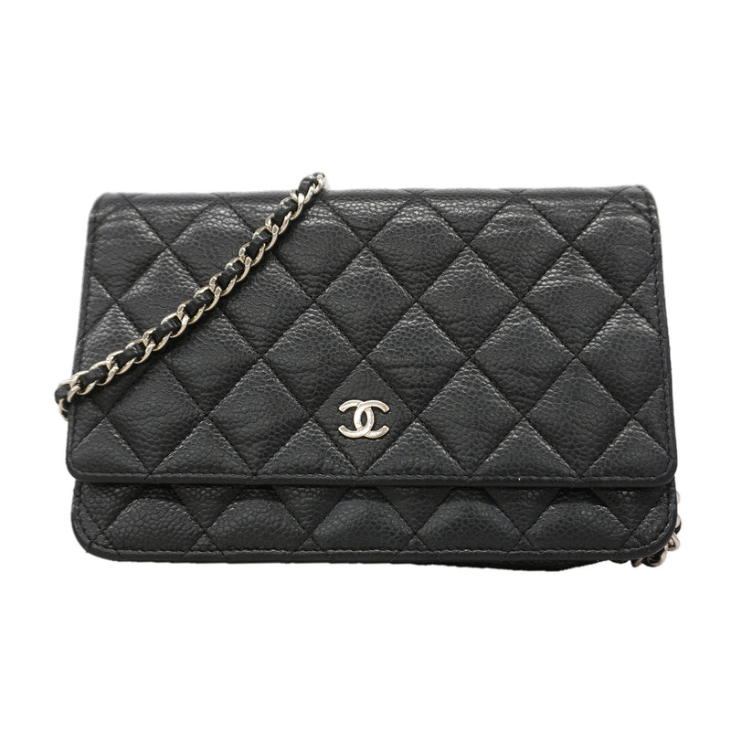 【6ic3289】シャネル ショルダーウォレット マトラッセ キャビアスキン ブラック シルバー金具【中古】レディース
