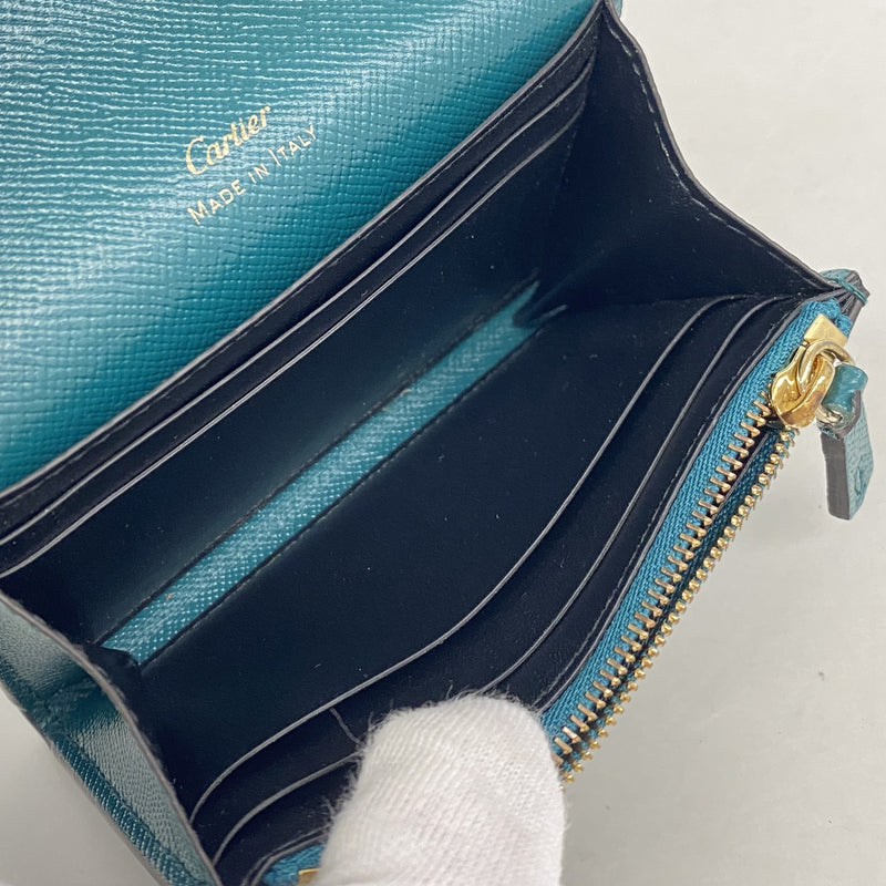 【6ic3325】カルティエ コインケース C ドゥ カルティエ レザー グリーン シャンパンゴールド金具【中古】レディース