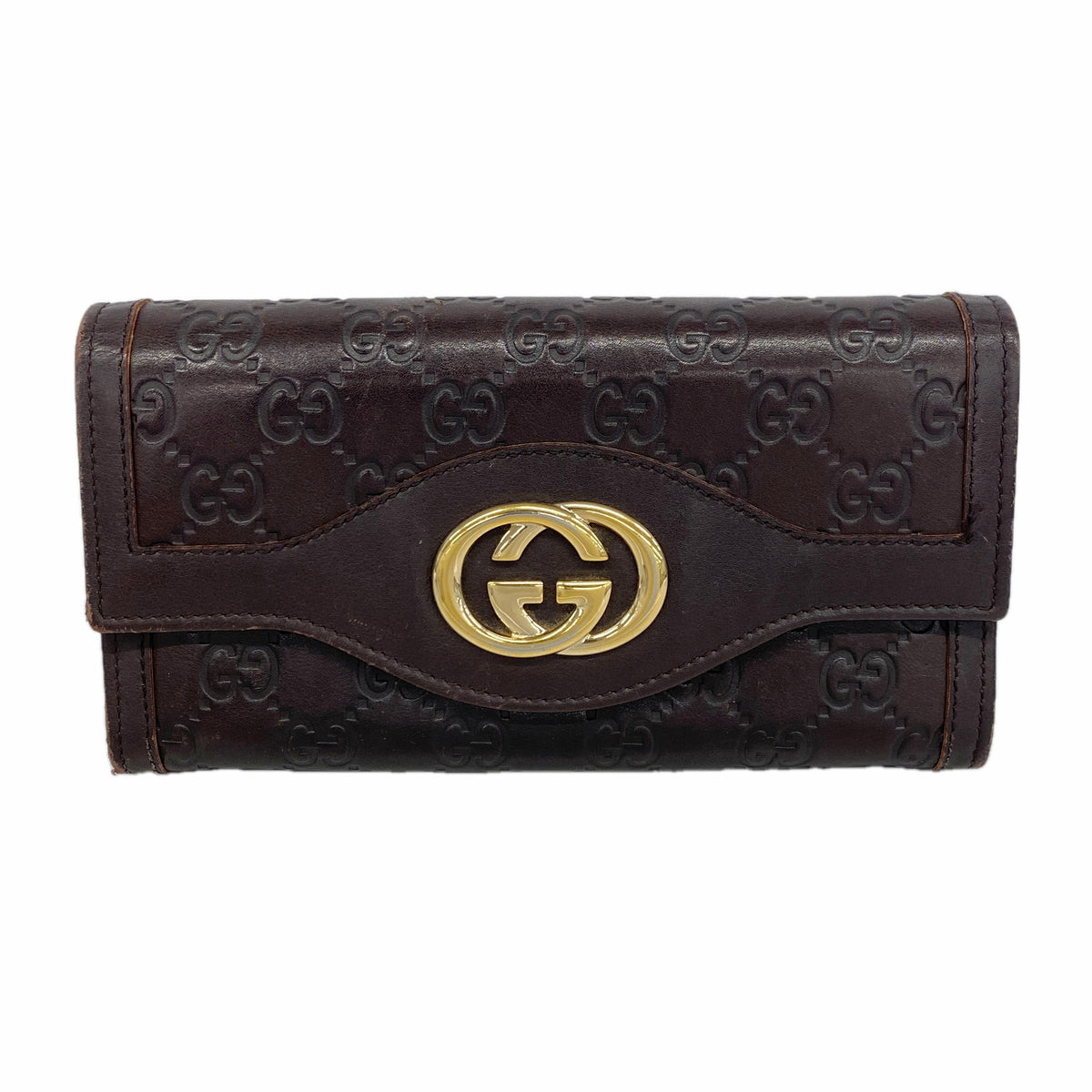 【6ic3398】グッチ 長財布 グッチシマ 282434 レザー ダークブラウン ゴールド金具【中古】レディース