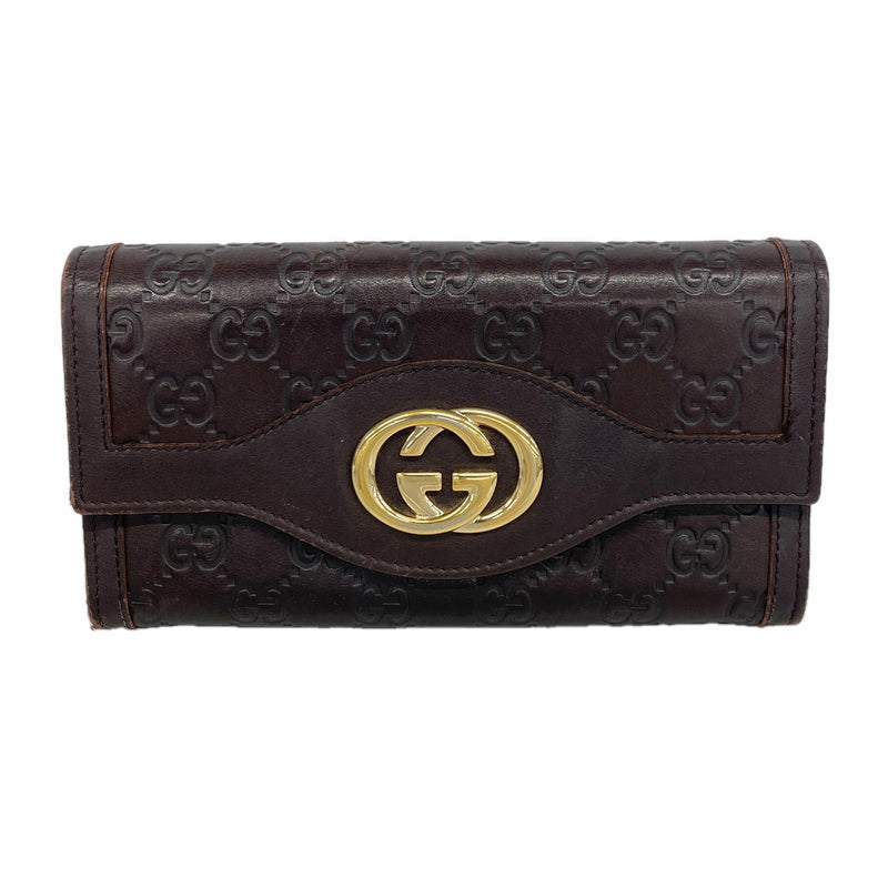 【6ic3398】グッチ 長財布 グッチシマ 282434 レザー ダークブラウン ゴールド金具【中古】レディース
