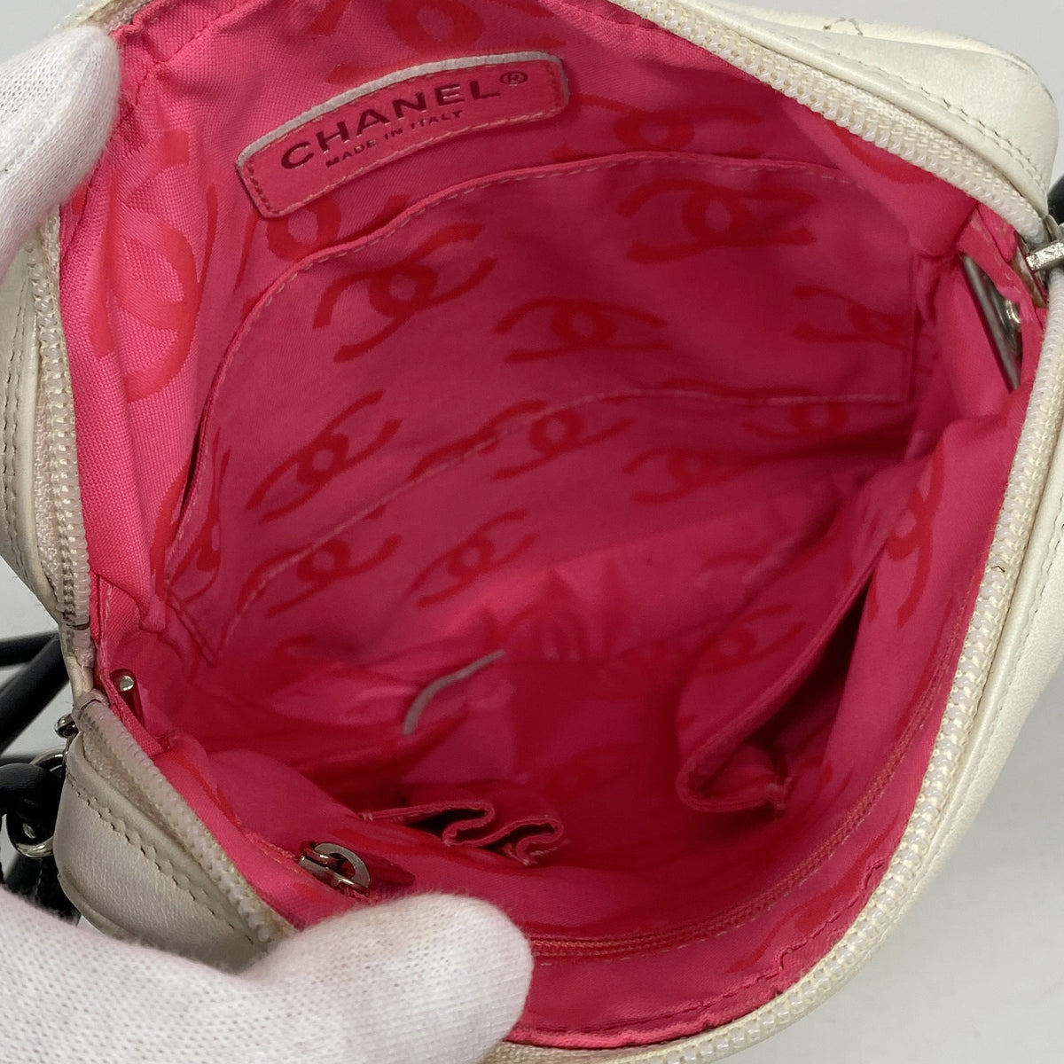 【6ic3401】シャネル ショルダーバッグ カンボン ラムスキン ホワイト ブラック シルバー金具【中古】レディース