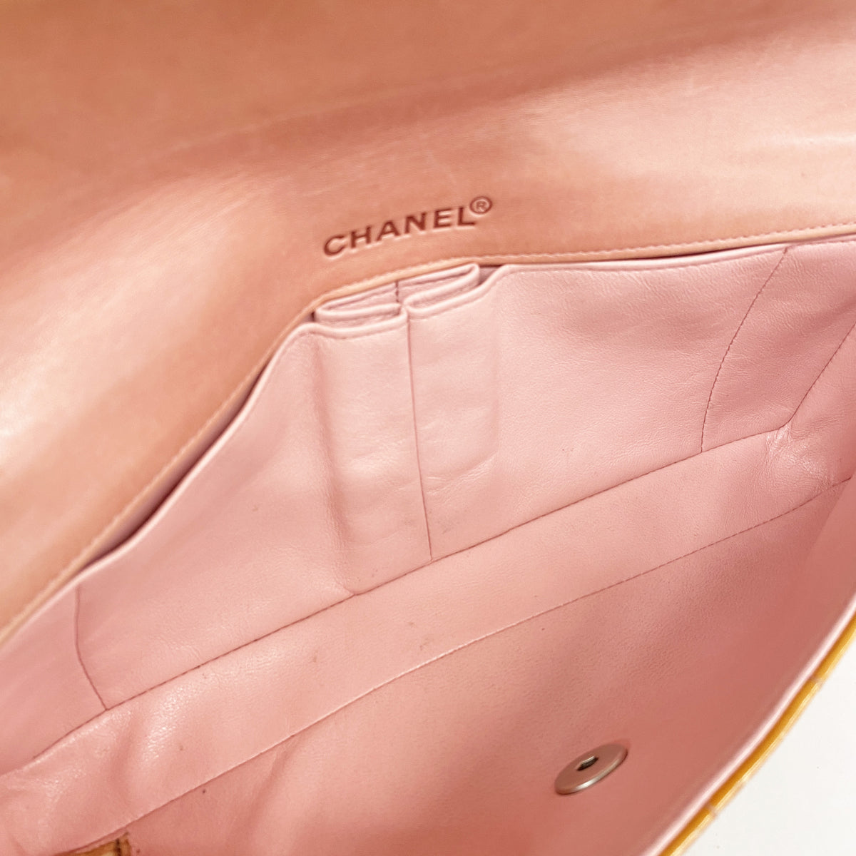 【6ic3534】シャネル ショルダーバッグ チョコバー チェーンショルダー パテントレザー オレンジ シルバー金具【中古】レディース