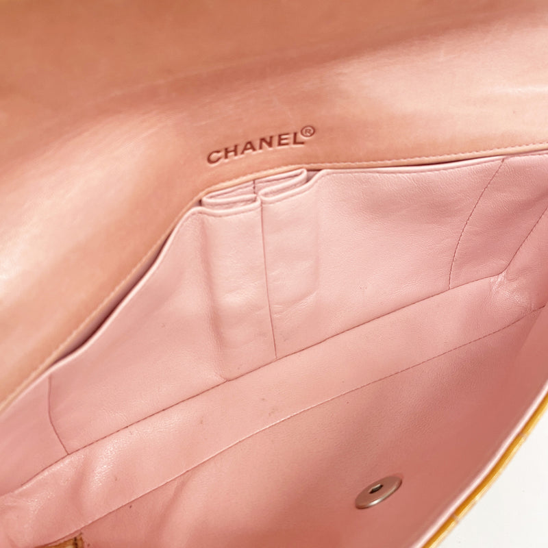 【6ic3534】シャネル ショルダーバッグ チョコバー チェーンショルダー パテントレザー オレンジ シルバー金具【中古】レディース