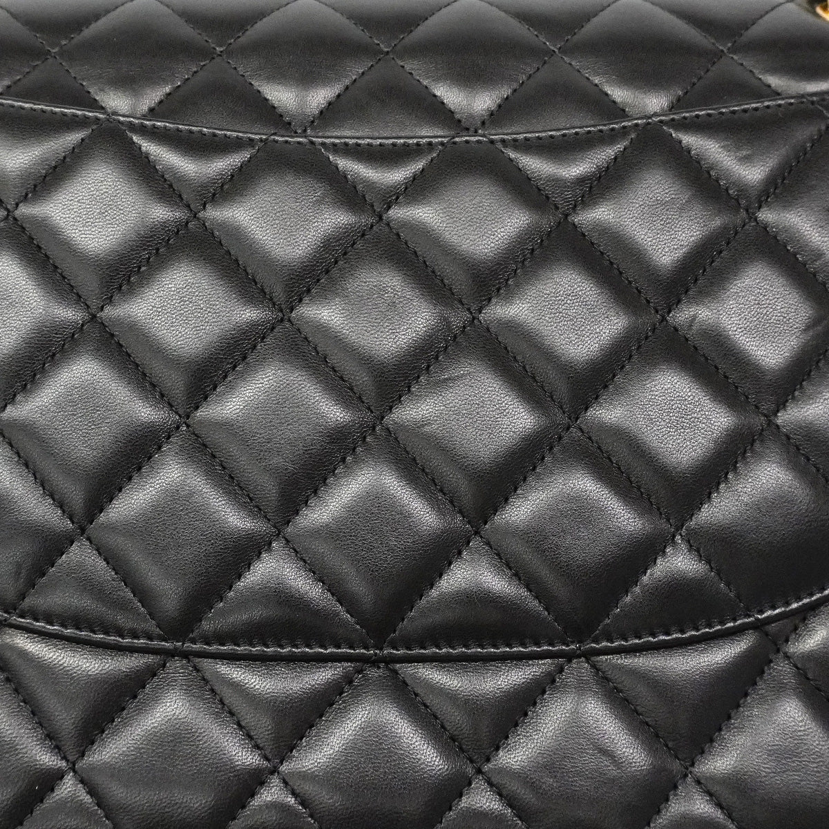 【6ic3563】シャネル ショルダーバッグ デカマトラッセ Wフラップ Wチェーン ラムスキン ブラック ゴールド金具【中古】レディース