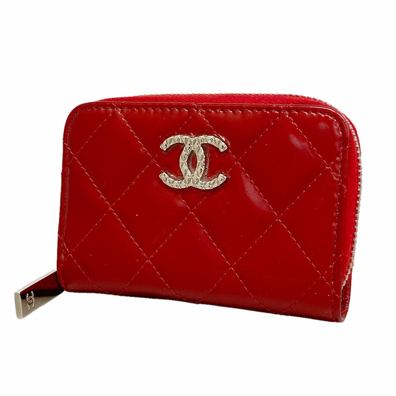【6ic3689】シャネル コインケース マトラッセ ブリリアント パテントレザー レッド シルバー金具【中古】レディース