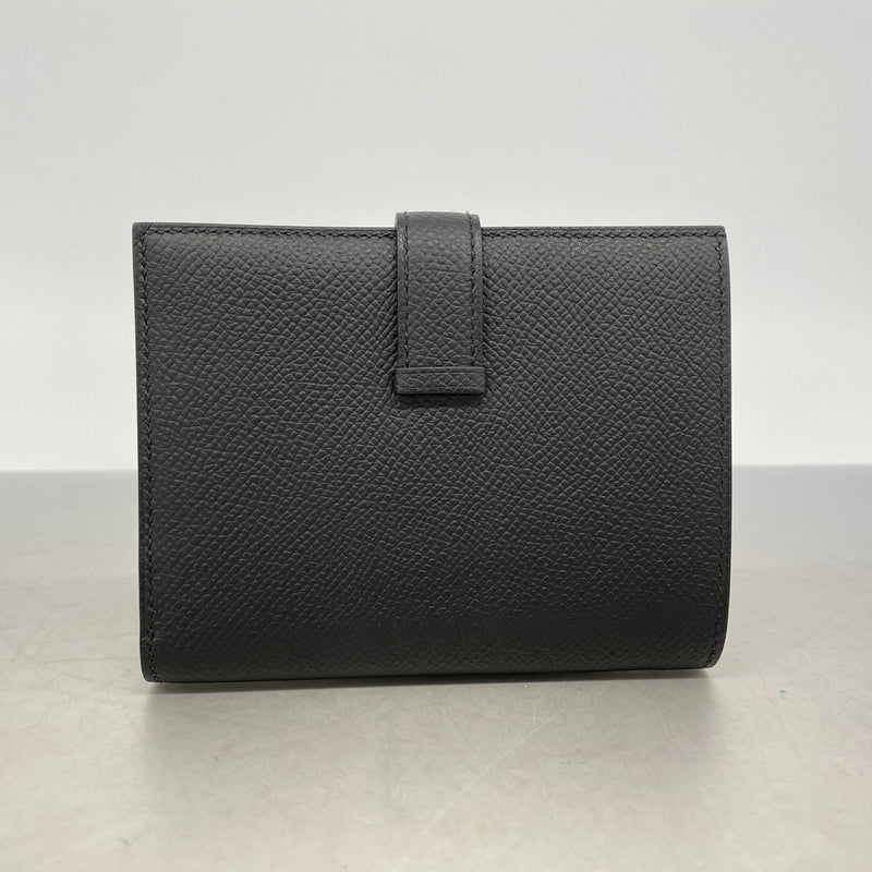 【6ic4264】エルメス 財布 ベアンコンパクト ヴォーエプソン ブラック シルバー金具 U刻印【中古】レディース