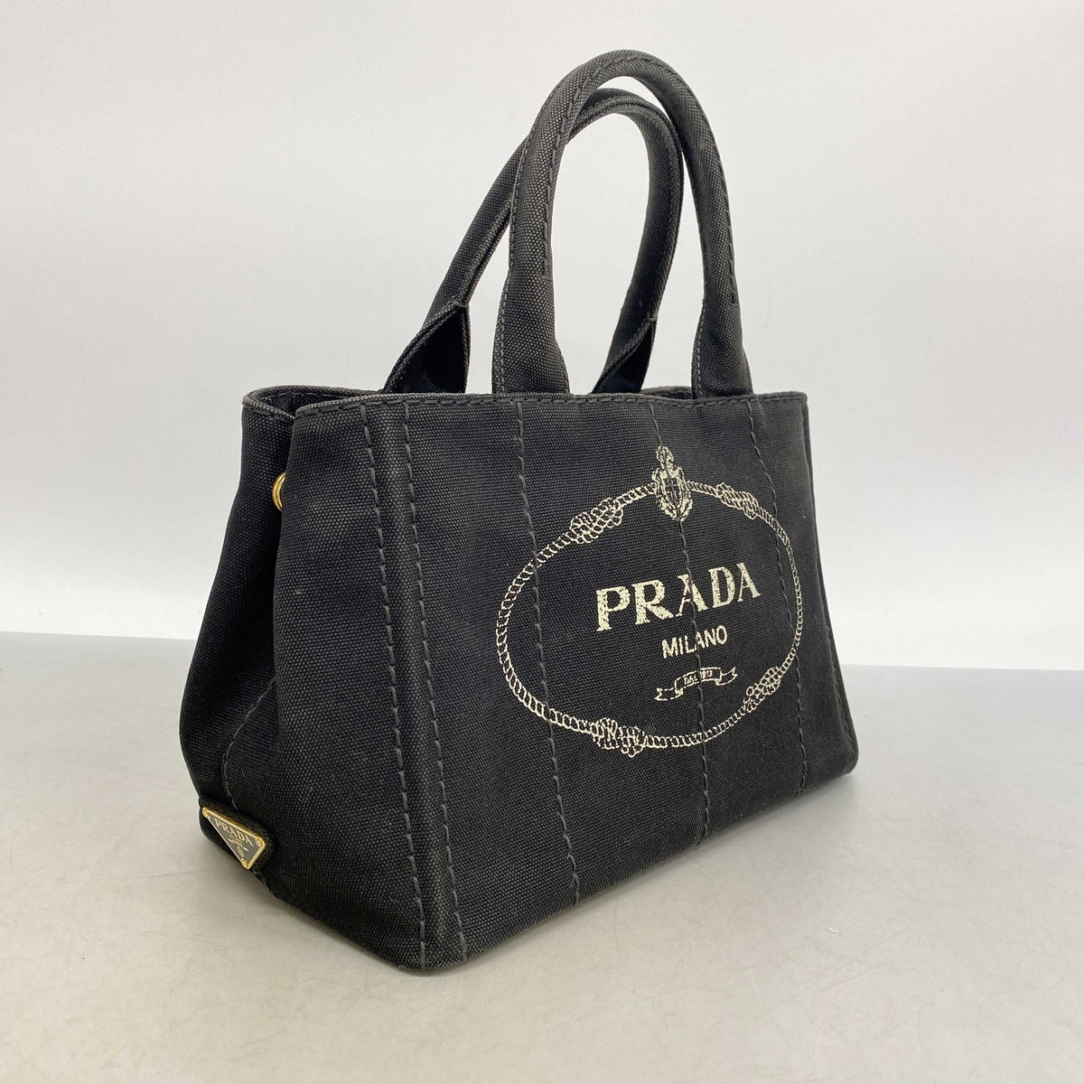 【6ic4433】プラダ ハンドバッグ カナパ キャンバス ブラック ゴールド金具 2wayバッグ【中古】レディース