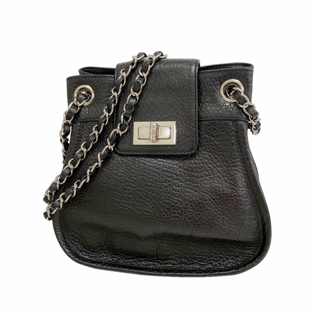 【6ic4442】シャネル ショルダーバッグ 2.55 チェーンショルダー レザー ブラック シルバー金具【中古】レディース