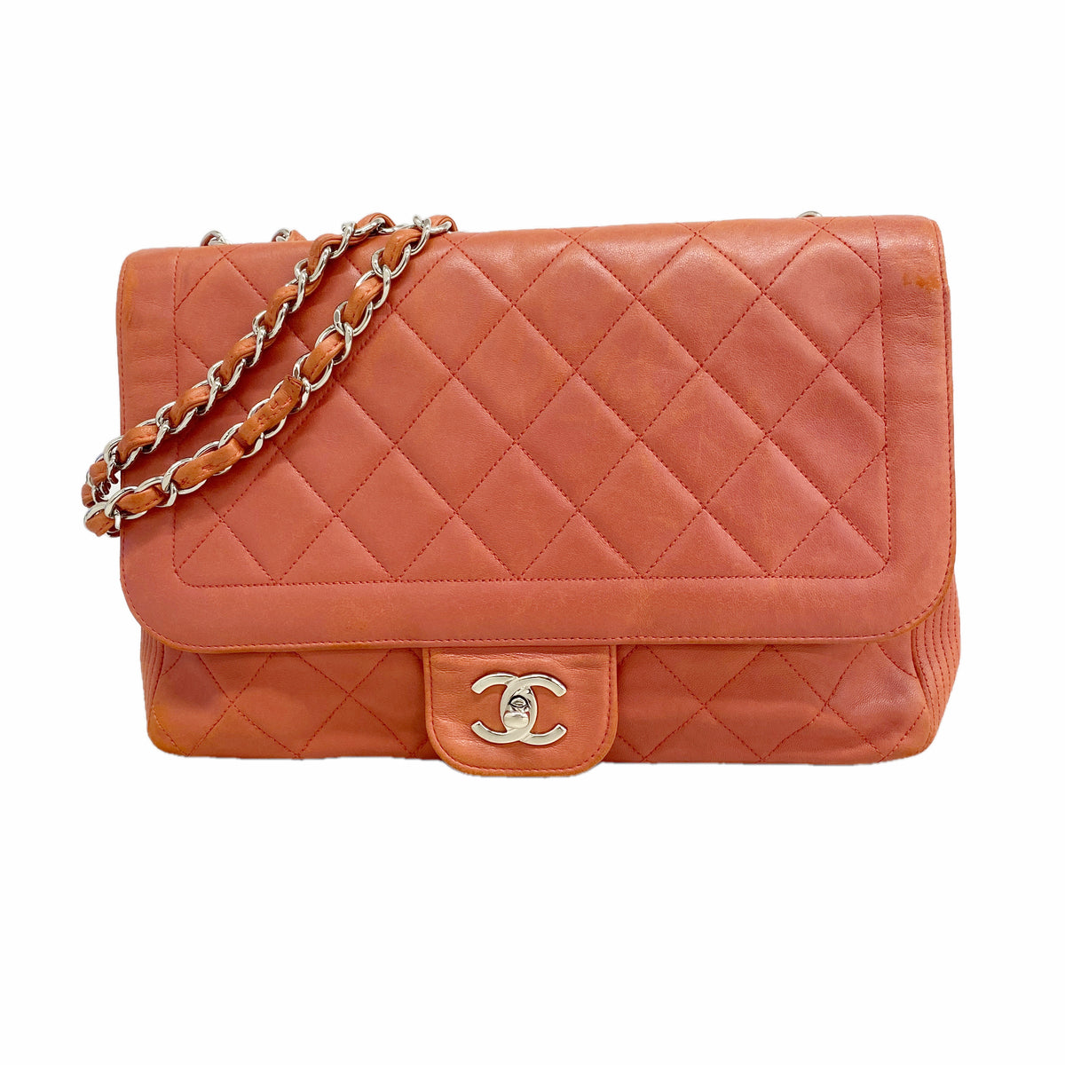 【6ic4456】シャネル ショルダーバッグ マトラッセ Wチェーン ラムスキン レッド シルバー金具【中古】レディース