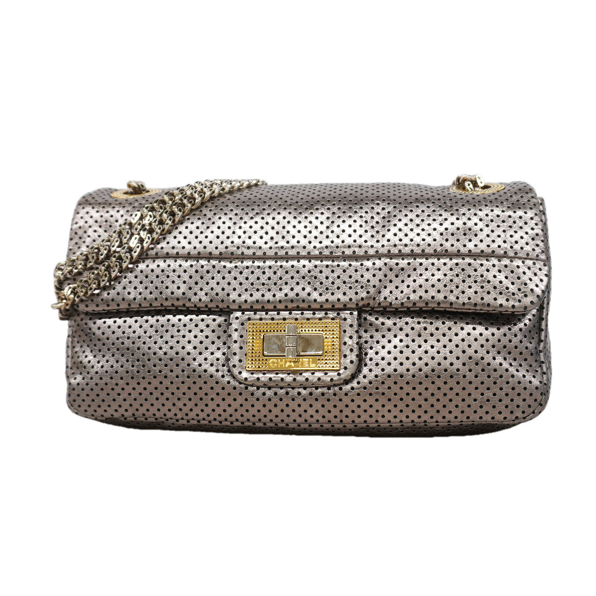 【6ic4571】シャネル ショルダーバッグ 2.55 Wチェーン パンチング レザー シルバー ゴールド/シルバー金具【中古】レディース