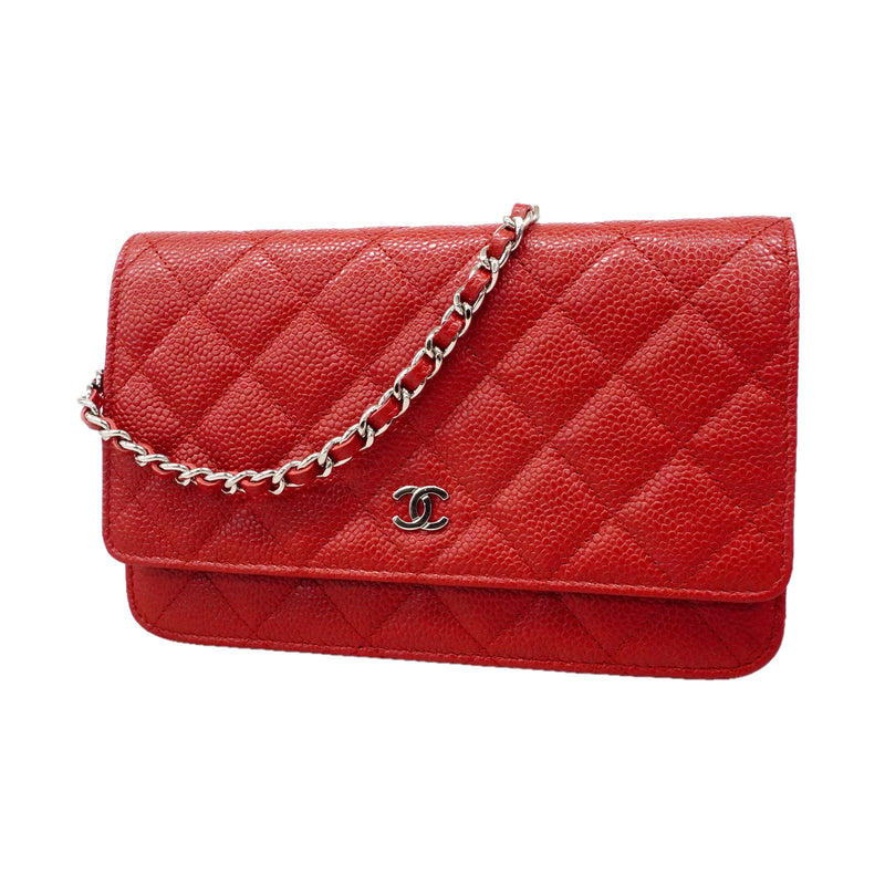 【6id4794】シャネル ショルダーウォレット マトラッセ チェーンショルダー キャビアスキン レッド シルバー金具【中古】レディース