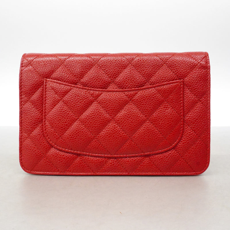 【6id4794】シャネル ショルダーウォレット マトラッセ チェーンショルダー キャビアスキン レッド シルバー金具【中古】レディース