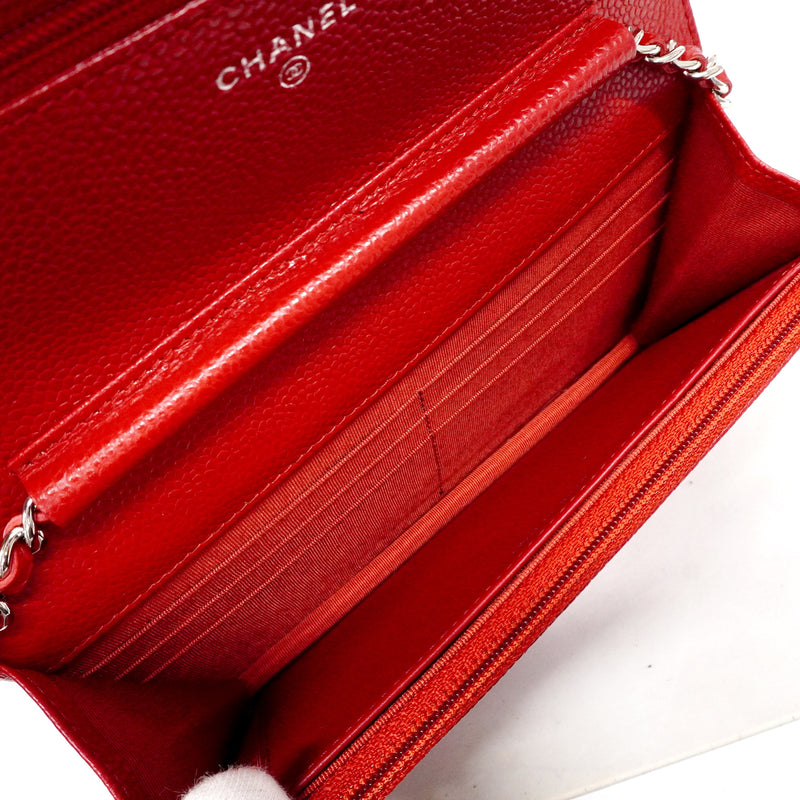 【6id4794】シャネル ショルダーウォレット マトラッセ チェーンショルダー キャビアスキン レッド シルバー金具【中古】レディース
