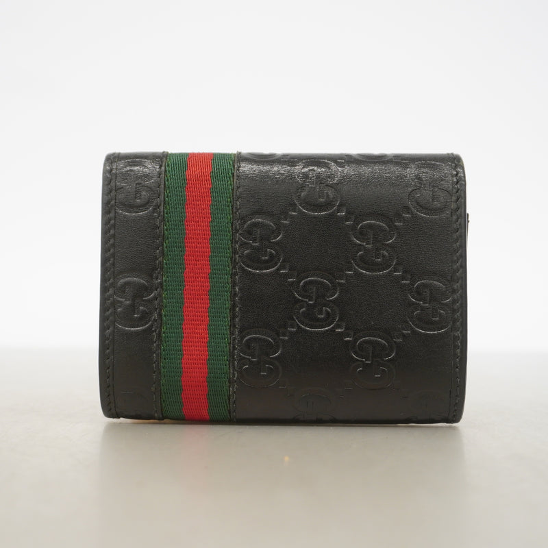 【6id4872】グッチ カードケース シェリーライン グッチシマ 138043 レザー ブラック シルバー金具【中古】メンズ