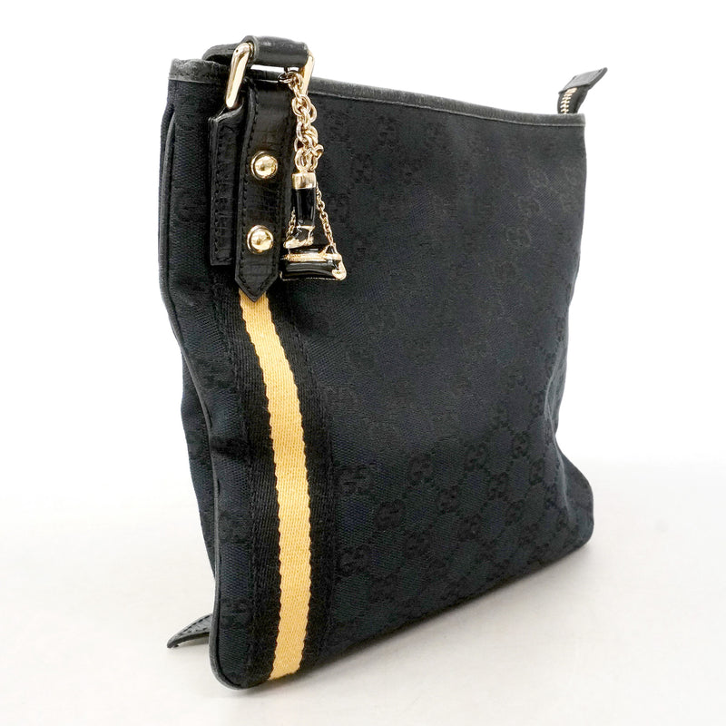 【6id4910】グッチ ショルダーバッグ GGキャンバス 144388 キャンバス ブラック シャンパンゴールド金具【中古】レディース