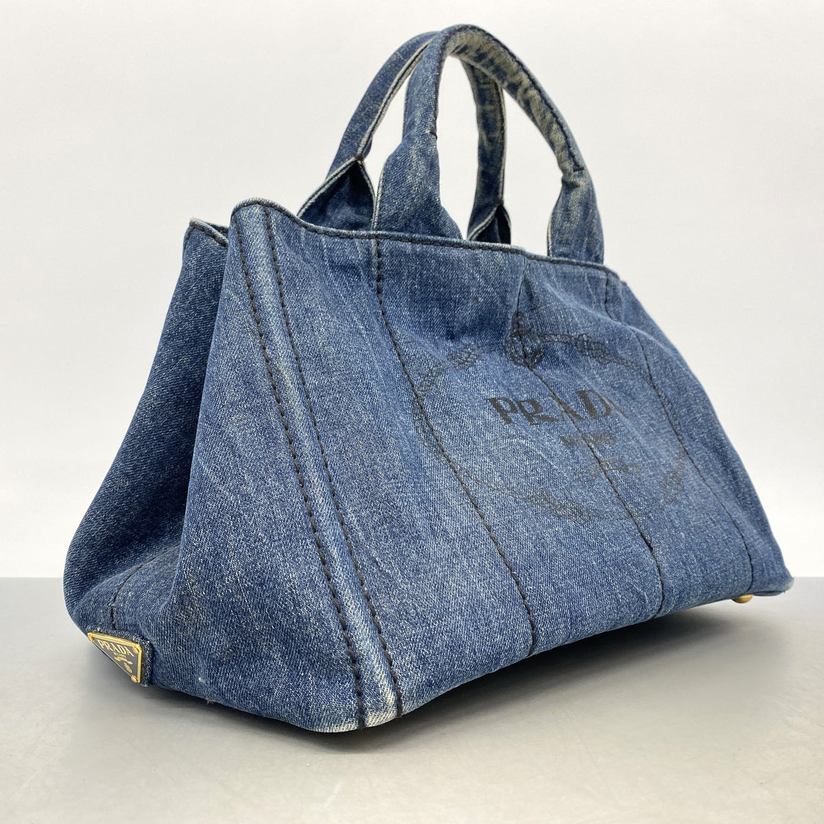 【6id5017】プラダ トートバッグ カナパ デニム ブルー ゴールド金具【中古】レディース