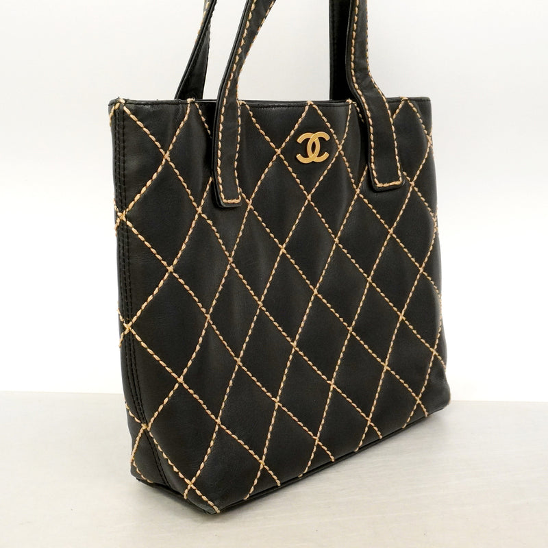 【6id5036】シャネル トートバッグ ワイルドステッチ レザー ブラック ゴールド金具【中古】レディース