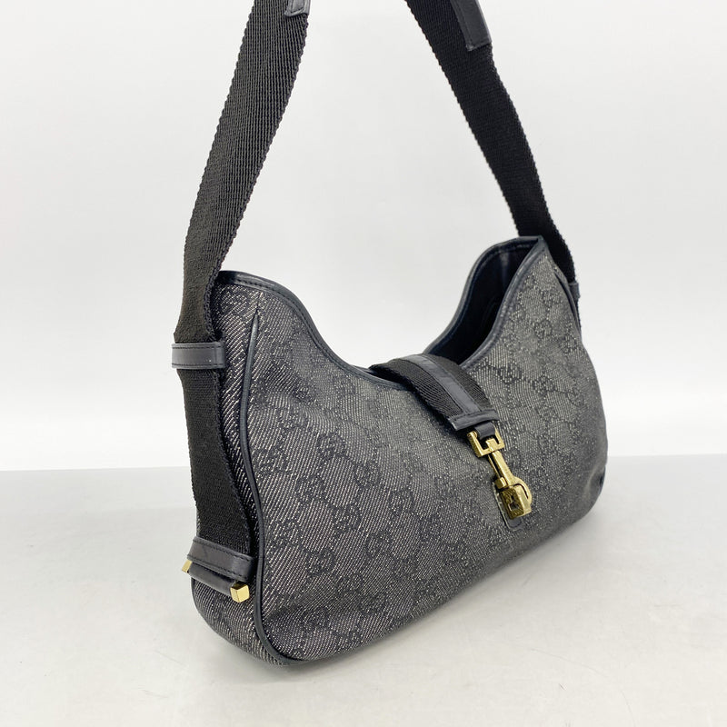 【6id5072】グッチ ショルダーバッグ 92736 デニム ブラック ゴールド金具【中古】レディース
